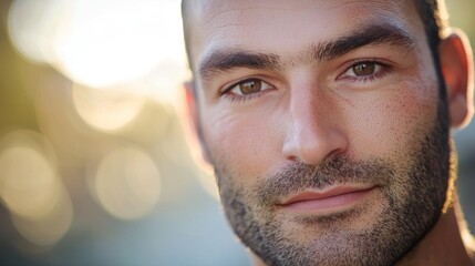 Obraz premium Close-up portrait of a handsome man with brown eyes and stubble, outdoors in soft sunlight.