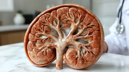 nephrologist explains importance of kidney health patient using detailed kidney model in bright and welcoming clinic setting. interaction is warm and informative.