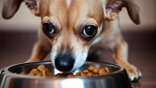 Small dog eagerly eating kibble from stainless steel bowl at home in cozy indoor setting