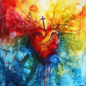 Jesus heart depicted in an abstract watercolor