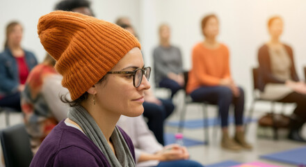 Young caucasian female in orange beanie attending group workshop
