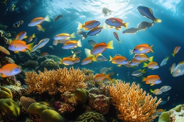 Fototapeta premium Vibrant School of Rainbow Runner Fish Swimming Over Coral Reef in Andaman Sea Marine Life Conservation