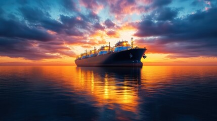 Obraz premium Large boat sailing on the ocean during a colorful sunset with vivid sky reflections on the water