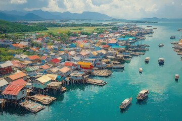 Fototapeta premium Aerial View of Traditional Fishing Village in Semporna Sabah Malaysia