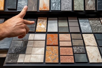 Designer Hand Pointing at Tile Stone Collection Samples for Interior and Exterior Finishing Ideas