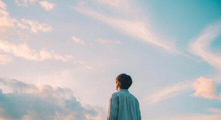 Young male in contemplative pose under cloudy blue sky at sunset