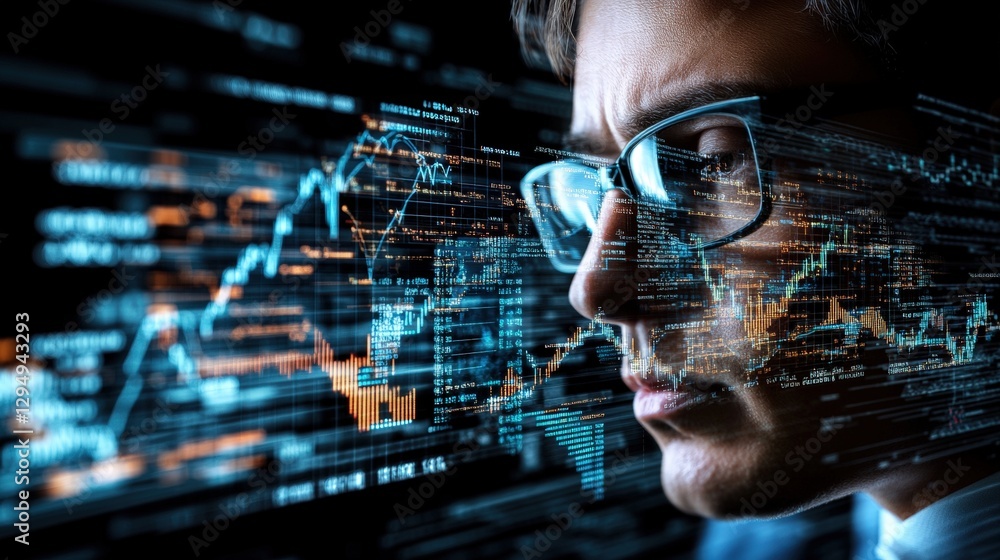 Poster man with glasses looking at digital screen while holding a smartphone in a modern office setting