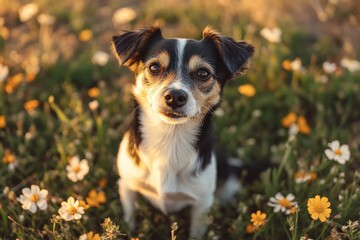 Playful Dog in Wildflower Field at Golden Hour with Soft Focus Lighting