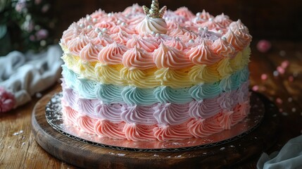 Colorful layered cake with pastel frosting, adorned with sprinkles and a decorative topper, set on wooden table