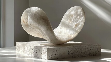 Elegant abstract sculpture gracefully positioned on a textured base, illuminated by soft natural light