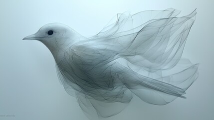 Ethereal white bird gracefully soaring through a misty background, conveying tranquility and freedom