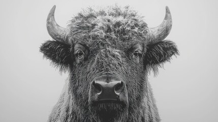 Majestic close-up of a bison's head against a soft, muted background, showcasing its fur texture and strong features