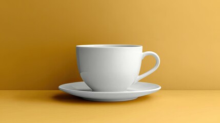 Minimalistic white cup and saucer on a vibrant yellow background, evoking warmth and simplicity
