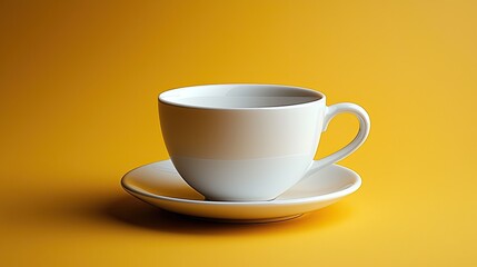A minimalist white coffee cup on a saucer against a vibrant yellow background, ideal for beverage themes