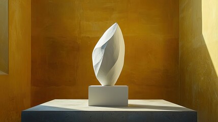 Abstract white sculpture displayed prominently on a pedestal against a warm yellow wall backdrop