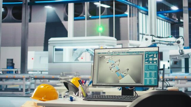 PC screen on desk in photovoltaics factory used to update software of robot arms placing solar panels on assembly lines. Computer monitor in empty facility used for upgrading solar plant machinery