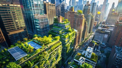 A vibrant cityscape integrating green roofs solar panels