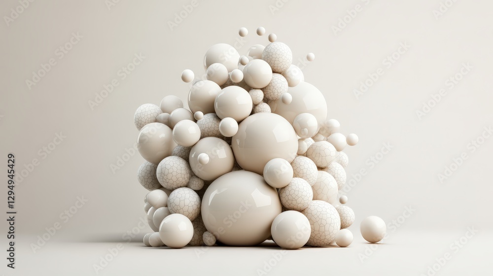 Poster close up view of a pile of white spheres arranged on a clean white background for minimalistic desig