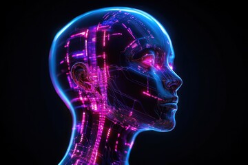 Obraz premium Futuristic Cybernetic Man Head with Neon Lighting and Circuit Patterns