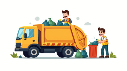 Vector illustration of sanitation workers collecting garbage and loading it into a waste truck, ensuring city cleanliness and environmental care.