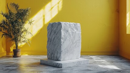 A minimalist marble sculpture displayed in a bright yellow room with natural light streaming in