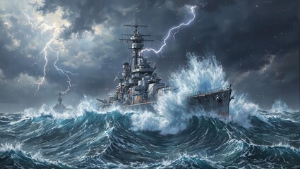 A resilient battleship confronts stormy seas waves crashing over the bow under a tumultuous sky with flashes of lightning