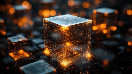 Abstract representation of glowing cubes in a dark digital environment with sparks