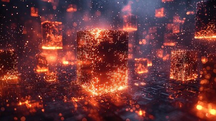 Abstract digital landscape with glowing cubes and particles, creating a futuristic atmosphere