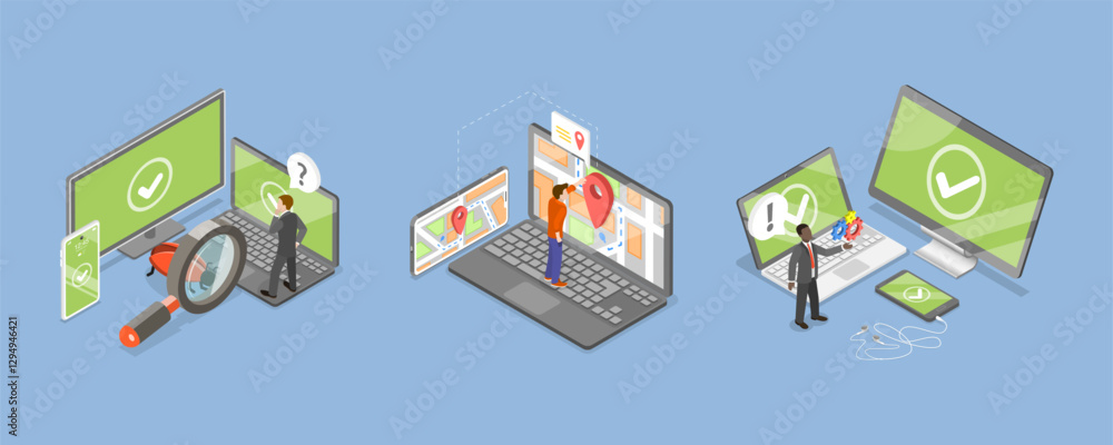 Poster 3d isometric flat vector illustration of app development, multi-platform framework