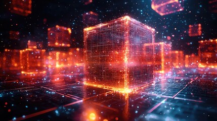 Futuristic digital landscape featuring glowing cubes and vibrant particles in a tech-inspired environment