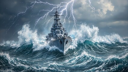 Fototapeta premium A dramatic battleship in a stormy sea waves crashing against the hull with lightning in the sky showcasing power and peril