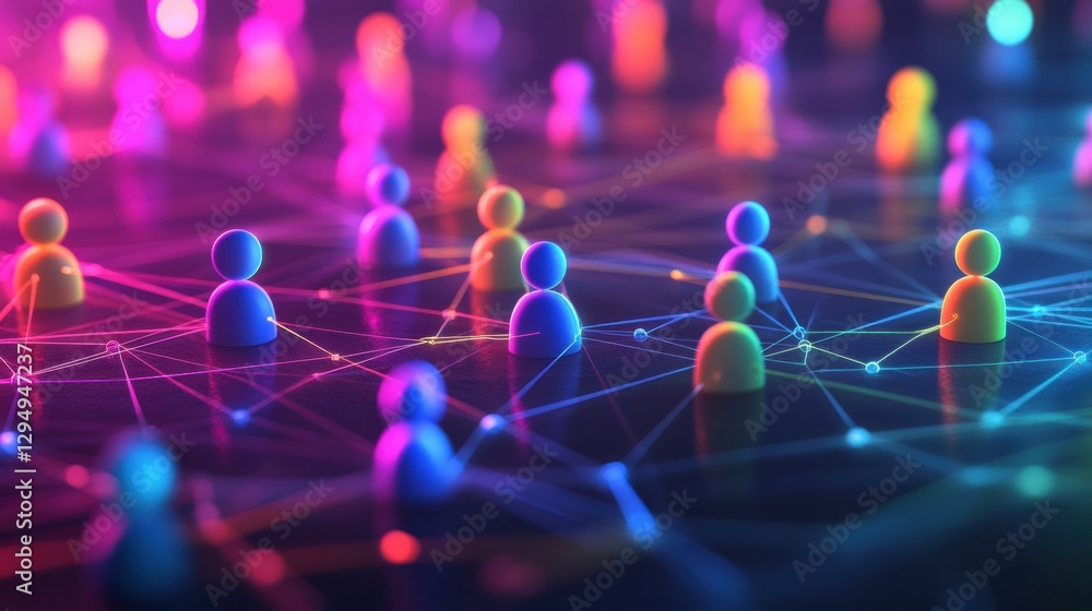 Poster colorful 3d avatars connected through glowing network lines in a digital social media environment. g