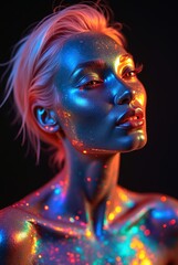 Obraz premium Artistic portrait of a model with colorful glowing metallic makeup and hairstyle