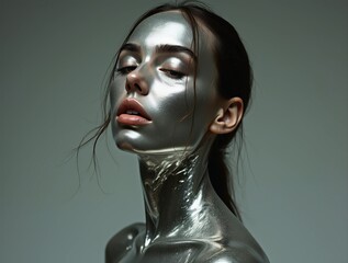 Silver woman posing with metallic paint on face and body