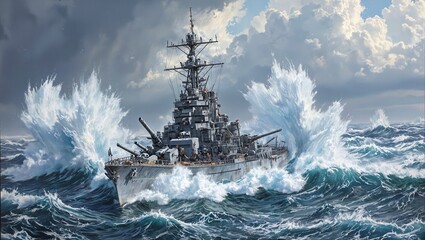 Obraz premium A powerful battleship navigating through a fierce storm at sea with crashing waves and imposing cannons portraying strength and determination