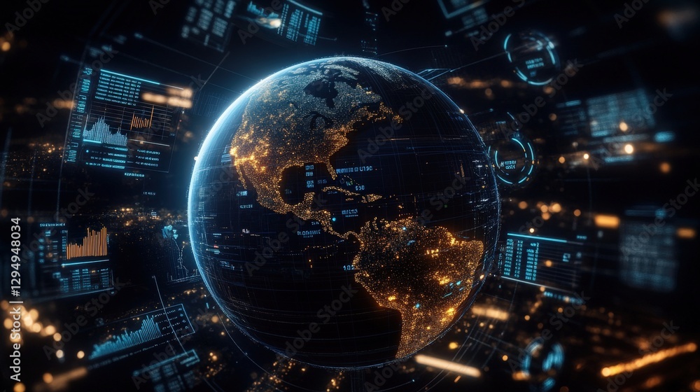 Poster a globe illuminated with numerous lights in a dark background showcasing global connectivity and tra