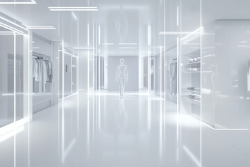 Fototapeta premium A sleek, ultra-modern fashion showroom 3D background room with an all-white interior, futuristic mannequins displaying high-tech clothing, and soft spotlights enhancing the aesthetic. The reflective