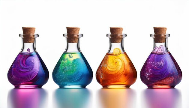 Colorful magic potion bottles with vibrant contents fantasy elixir 