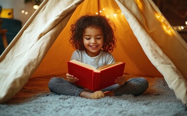 African American boy reading bright red book in cozy indoor tent scene