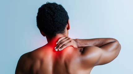 Man experiencing intense neck pain, holding his aching neck.  Aching muscles and discomfort.  Seeking relief and treatment for neck pain.