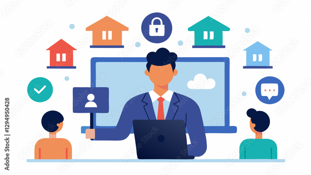 Aufkleber webinar presentation depict a lawyer presenting a webinar on blockchain regulations with a virtual s