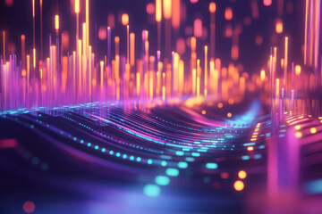 Fototapeta premium A mesmerizing 3D abstract background where a massive, levitating sound equalizer stretches across a cybernetic landscape. Each frequency bar glows with electric energy, pulsating in rhythm with an