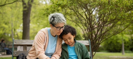 Caucasian adult female and hispanic child relaxing on park bench together