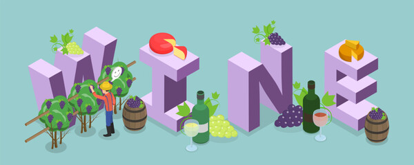 3D Isometric Flat Vector Illustration of Wine Banner, Concept Of Wine Production And Consumption., Flyer or Postcard