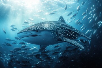Fototapeta premium Whale Shark Swimming with Rainbow Runner and Giant Trevally in Andaman Sea Underwater World