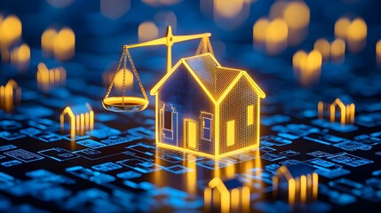 Digital Real Estate Law: House, Scales, and Tech Circuitry Concept