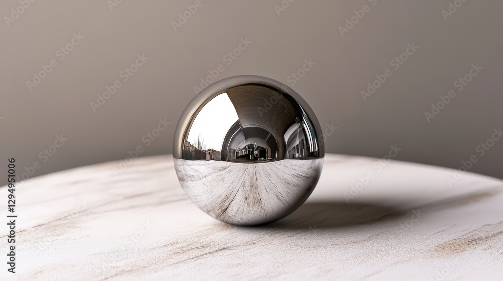 Poster silver metallic sphere resting on a smooth white surface with soft lighting and subtle shadows