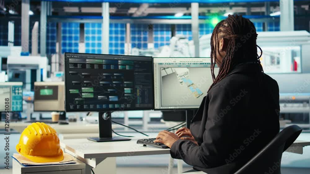 Poster photovoltaics factory programmer analyzing data with machine learning tech, reviewing system metrics