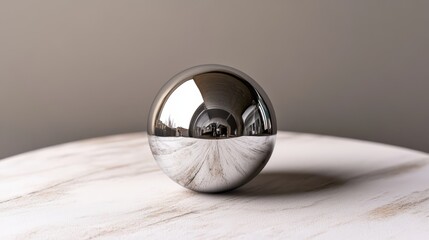 Silver metallic sphere resting on a smooth white surface with soft lighting and subtle shadows