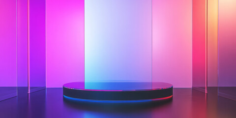 A vibrant, colorful 3D background with a podium made of overlapping translucent glass panels. The glowing edges and modern aesthetics create a high-energy, abstract presentation space.
